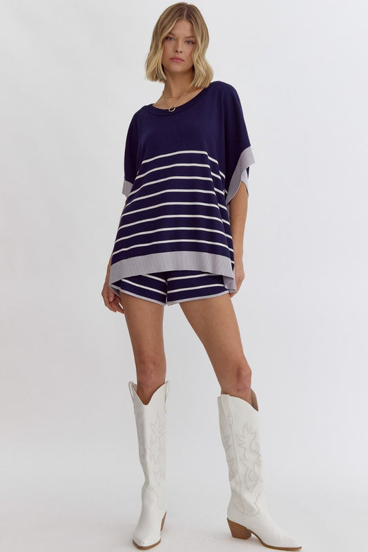 Round Neck Striped Detail Poncho Style Top