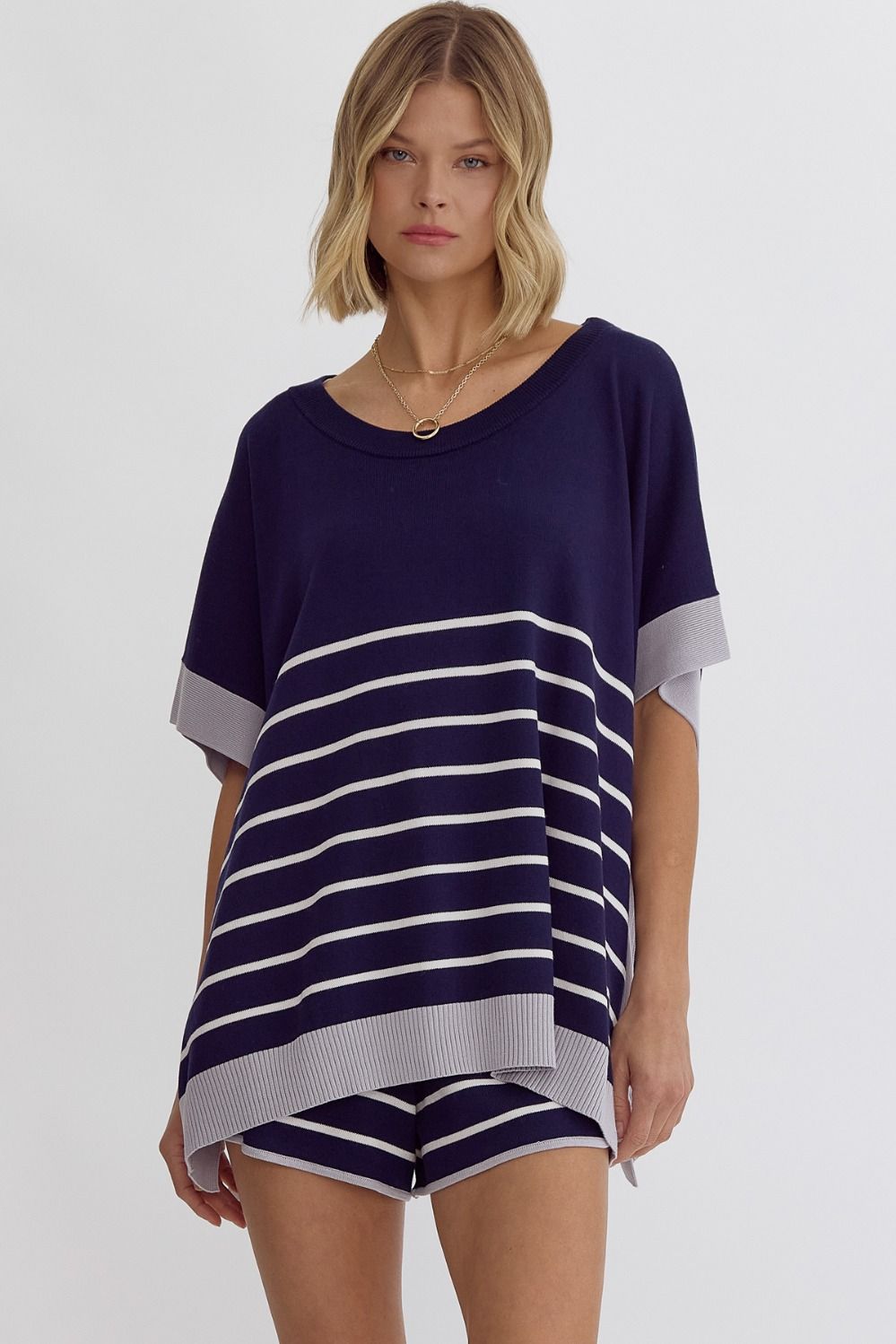 Round Neck Striped Detail Poncho Style Top