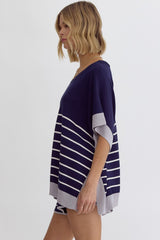 Round Neck Striped Detail Poncho Style Top