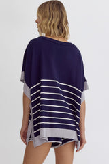 Round Neck Striped Detail Poncho Style Top