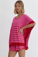 Round Neck Striped Detail Poncho Style Top