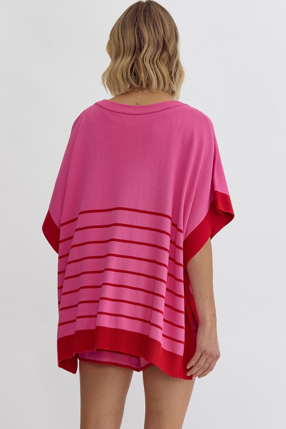 Round Neck Striped Detail Poncho Style Top