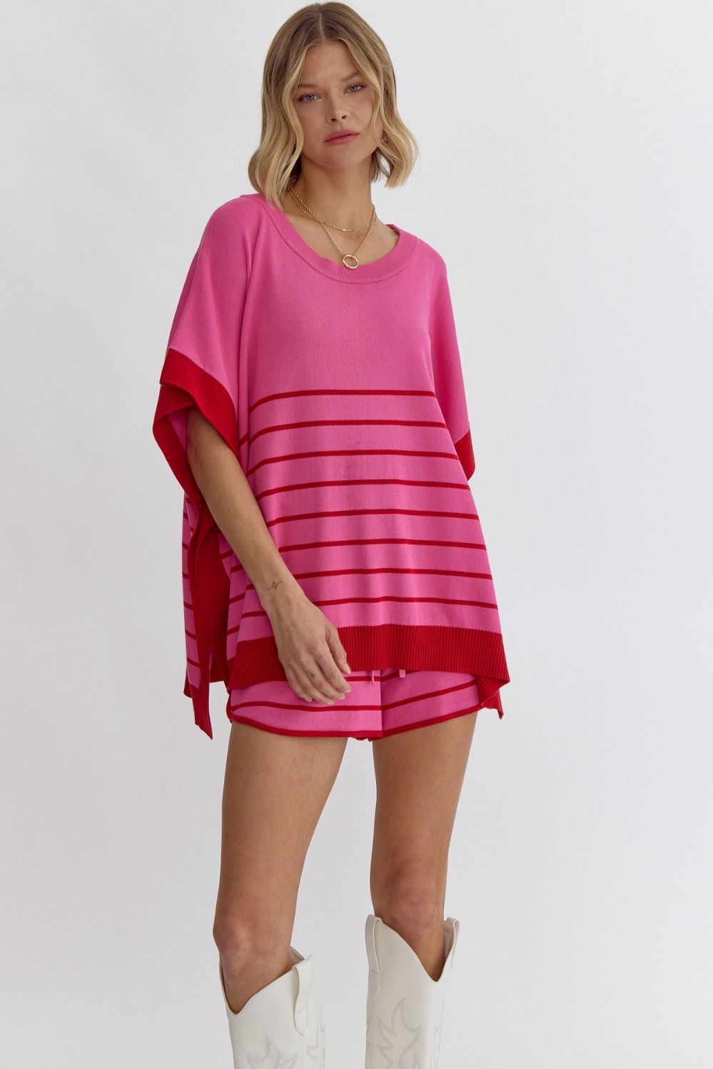 Round Neck Striped Detail Poncho Style Top