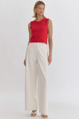 Pearl Detail Solid Round Neck Sleeveless Cropped Top