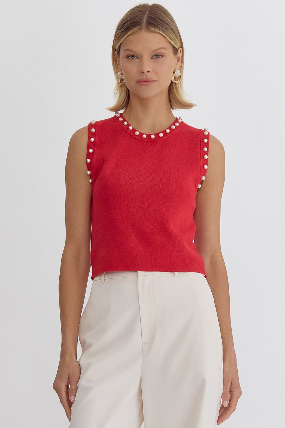 Pearl Detail Solid Round Neck Sleeveless Cropped Top