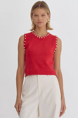 Pearl Detail Solid Round Neck Sleeveless Cropped Top