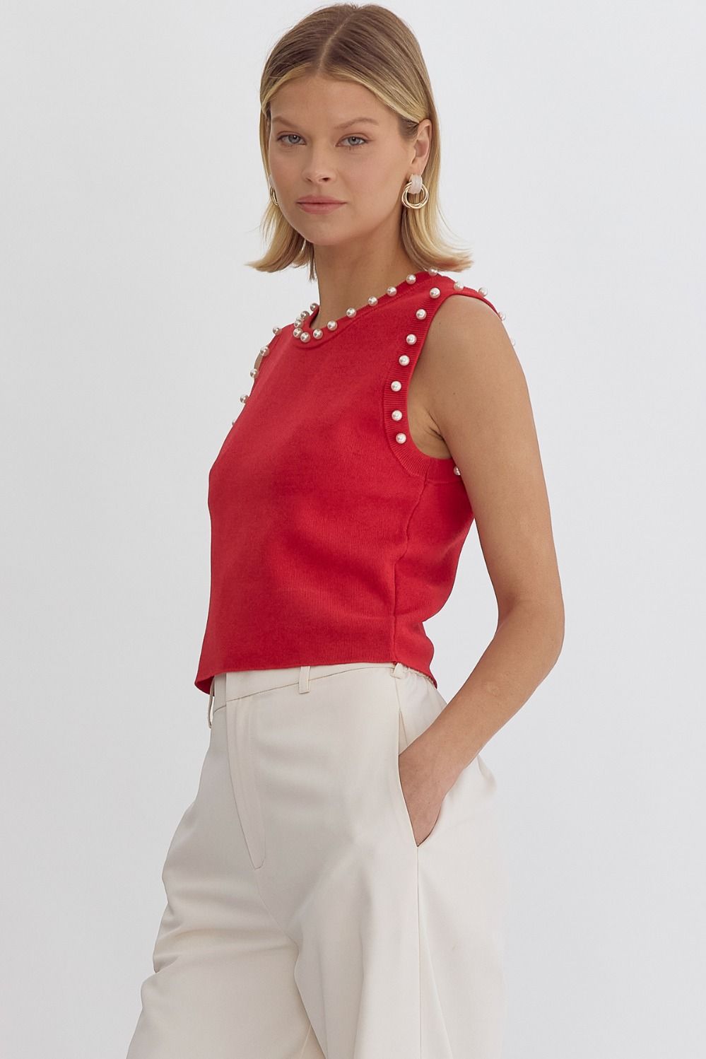 Pearl Detail Solid Round Neck Sleeveless Cropped Top