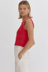 Pearl Detail Solid Round Neck Sleeveless Cropped Top