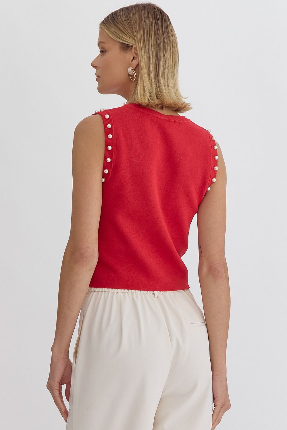 Pearl Detail Solid Round Neck Sleeveless Cropped Top