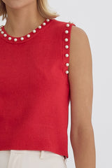 Pearl Detail Solid Round Neck Sleeveless Cropped Top