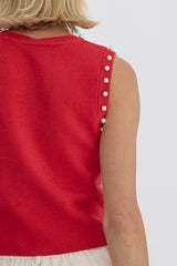 Pearl Detail Solid Round Neck Sleeveless Cropped Top