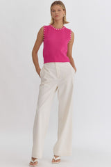 Pearl Detail Solid Round Neck Sleeveless Cropped Top