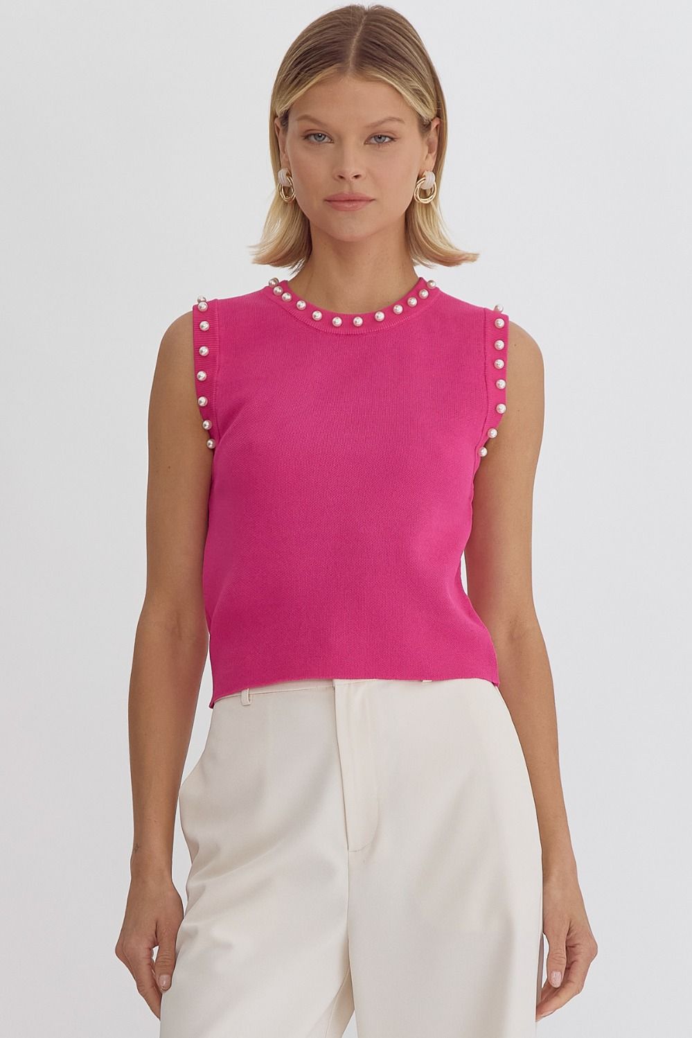 Pearl Detail Solid Round Neck Sleeveless Cropped Top