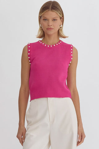 Pearl Detail Solid Round Neck Sleeveless Cropped Top
