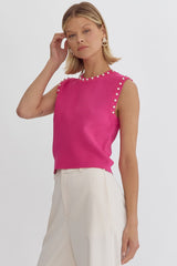 Pearl Detail Solid Round Neck Sleeveless Cropped Top