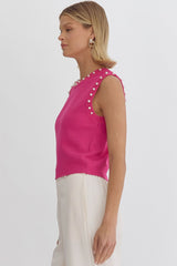 Pearl Detail Solid Round Neck Sleeveless Cropped Top