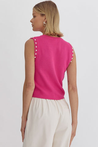 Pearl Detail Solid Round Neck Sleeveless Cropped Top