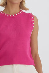 Pearl Detail Solid Round Neck Sleeveless Cropped Top