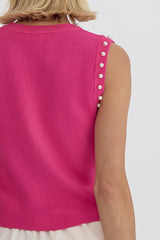 Pearl Detail Solid Round Neck Sleeveless Cropped Top