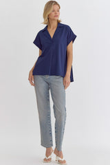 Solid V-Neck Short Sleeve Collared Back Pleat Detail Top