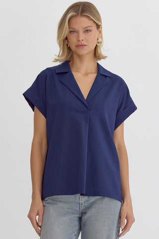 Solid V-Neck Short Sleeve Collared Back Pleat Detail Top
