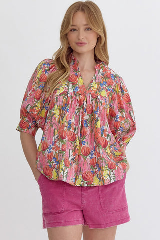 Floral Print Puff Sleeve V-Neck Top