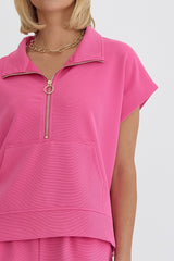 Ribbed Short Sleeve Half Zip Top