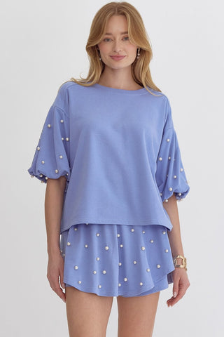 Bubble Sleeve Round Neck Pearl Sleeve Top