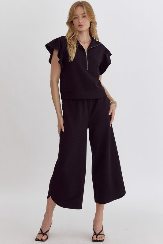 Textured High Waisted Wide Leg Pants With Ruffle Sleeve Top Set