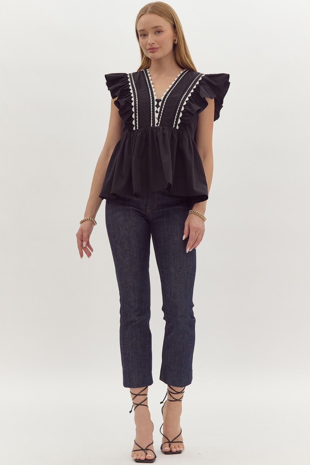 Solid Ruffled Sleeve V-Neck Top