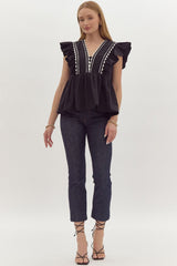 Solid Ruffled Sleeve V-Neck Top