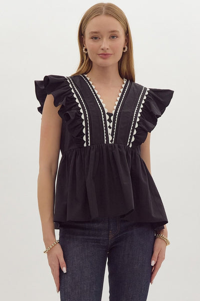 Solid Ruffled Sleeve V-Neck Top