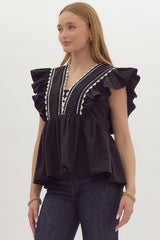 Solid Ruffled Sleeve V-Neck Top