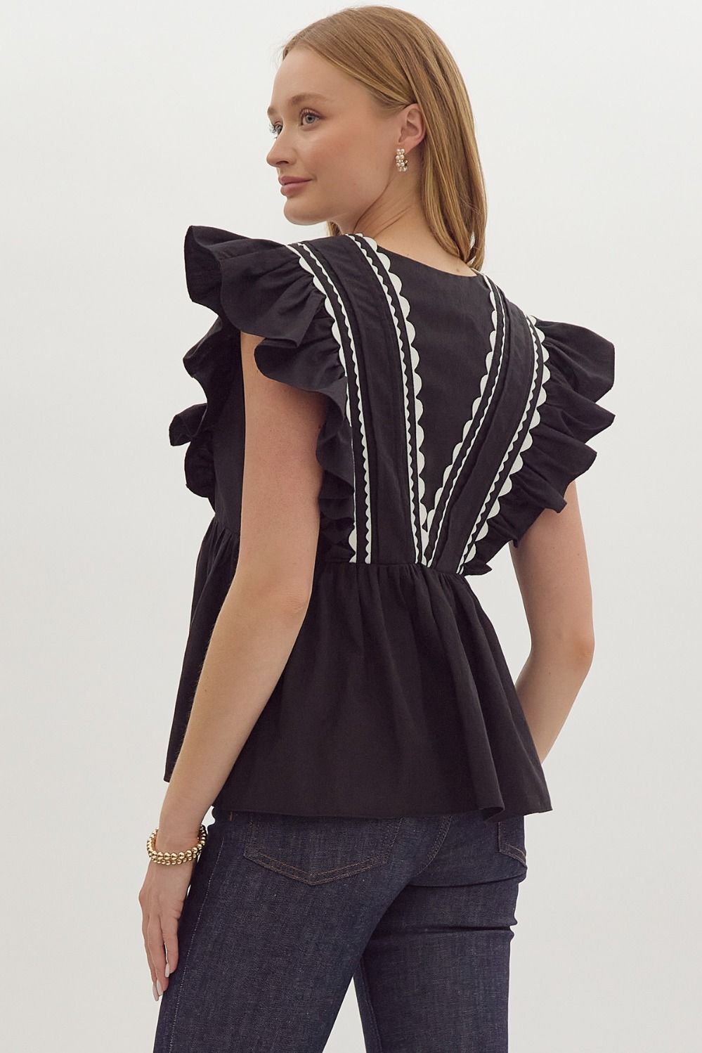 Solid Ruffled Sleeve V-Neck Top