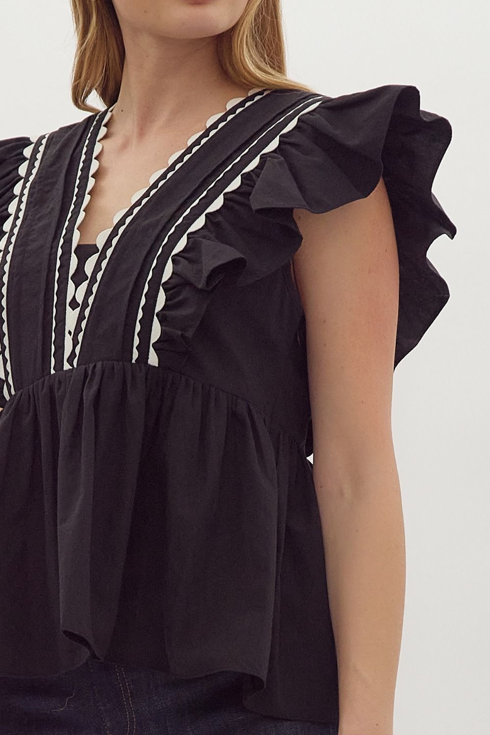 Solid Ruffled Sleeve V-Neck Top