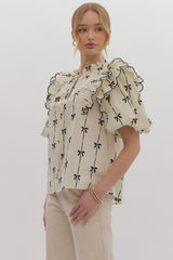 Bow Print Short Puff Sleeve V-Neck Top