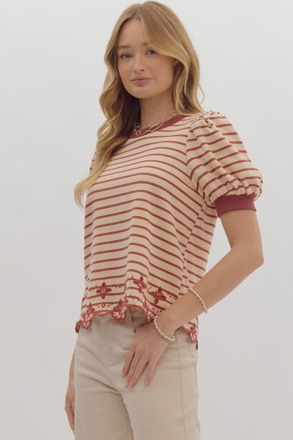 Striped Round Neck Puff Sleeve Top