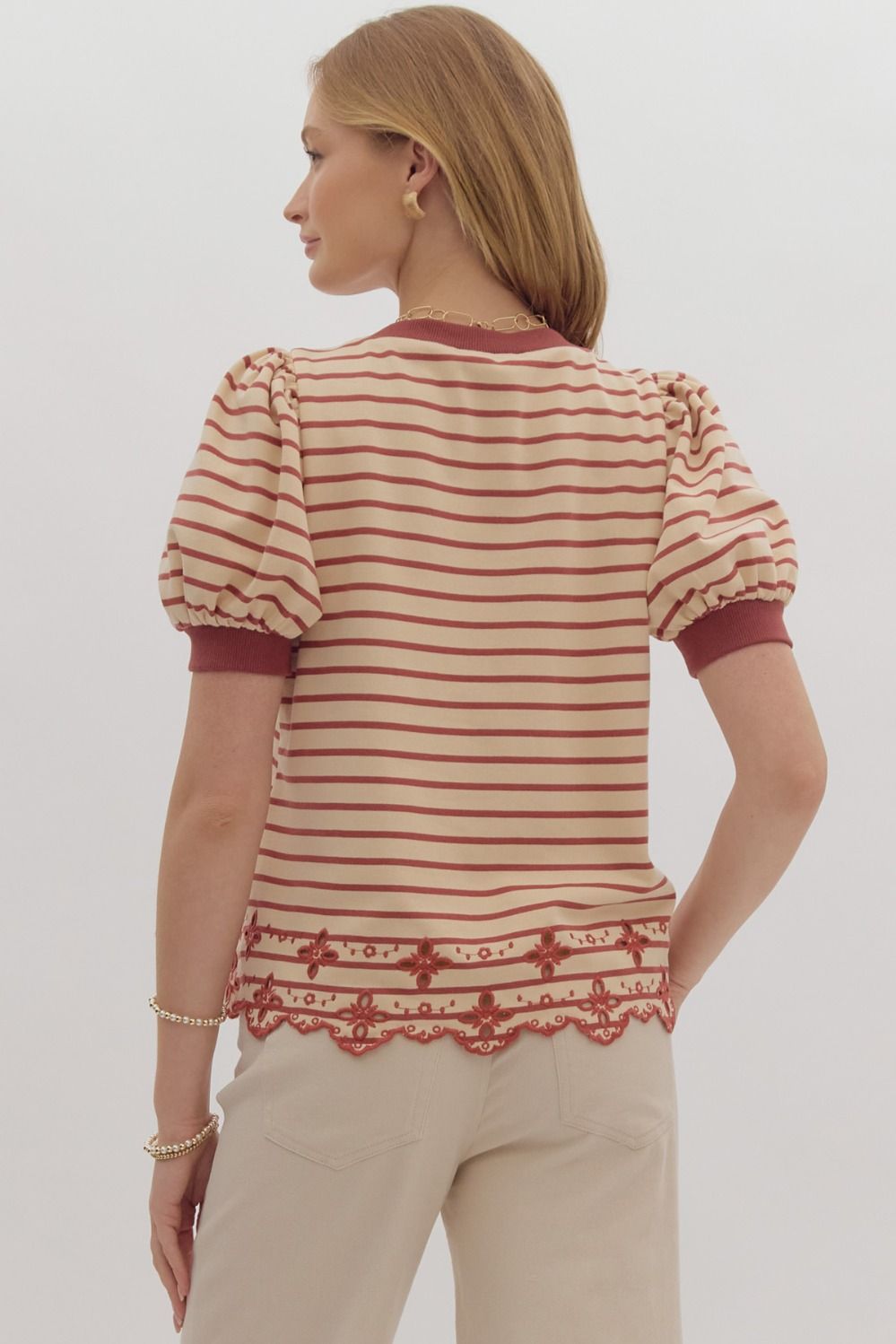 Striped Round Neck Puff Sleeve Top