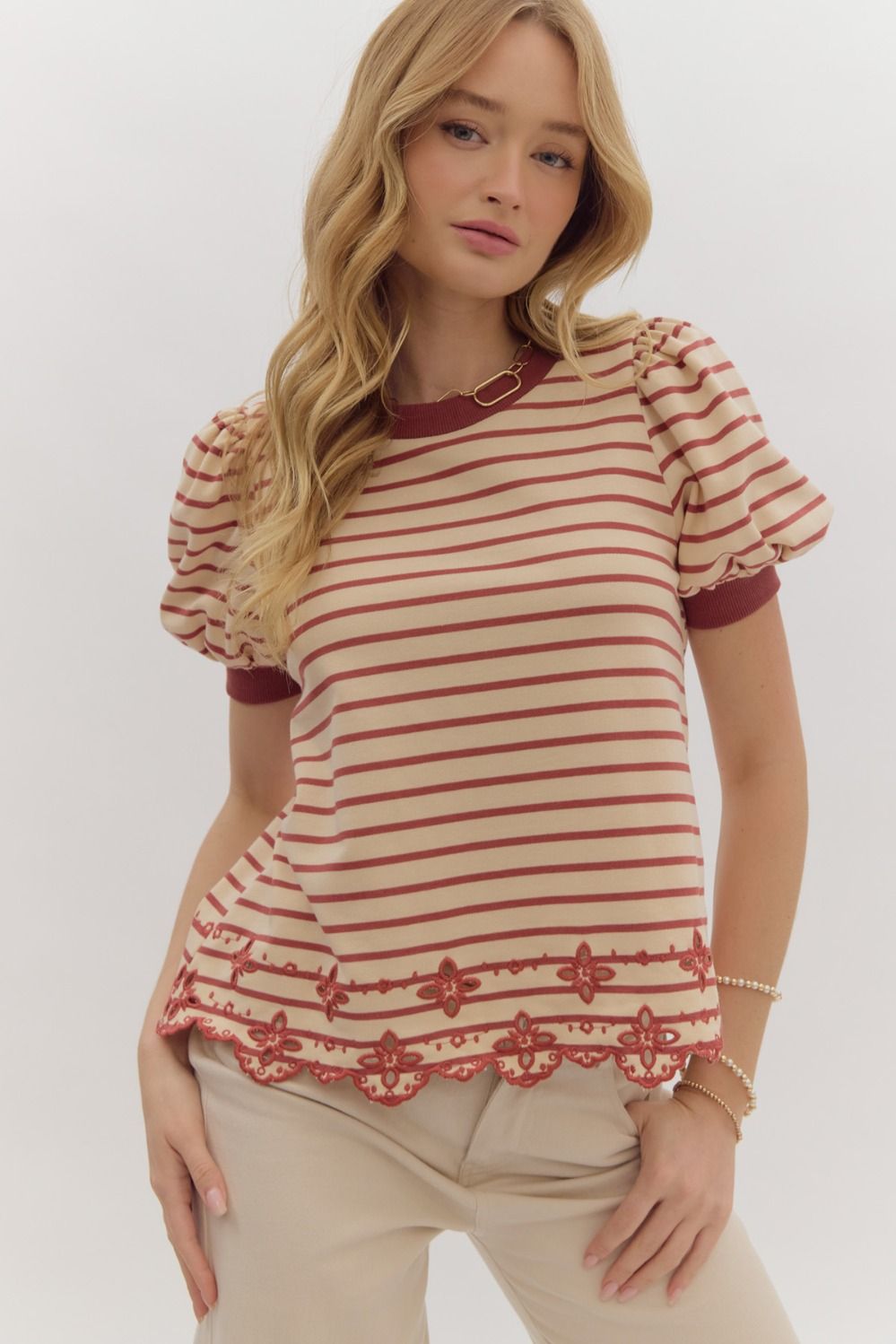 Striped Round Neck Puff Sleeve Top