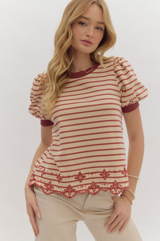 Striped Round Neck Puff Sleeve Top