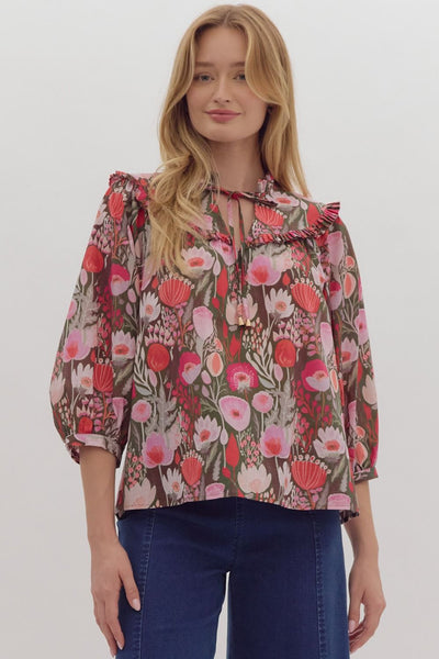 Floral Print Poplin ¾ Puff Sleeve Top