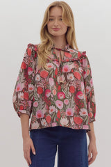 Floral Print Poplin ¾ Puff Sleeve Top