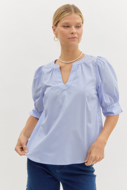 Solid Band Collar Puff Sleeve Top