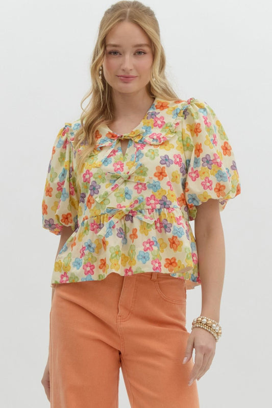 Floral Print Bubble Sleeve Top