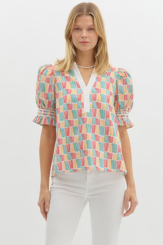 Printed Half Placket Split Collar Top