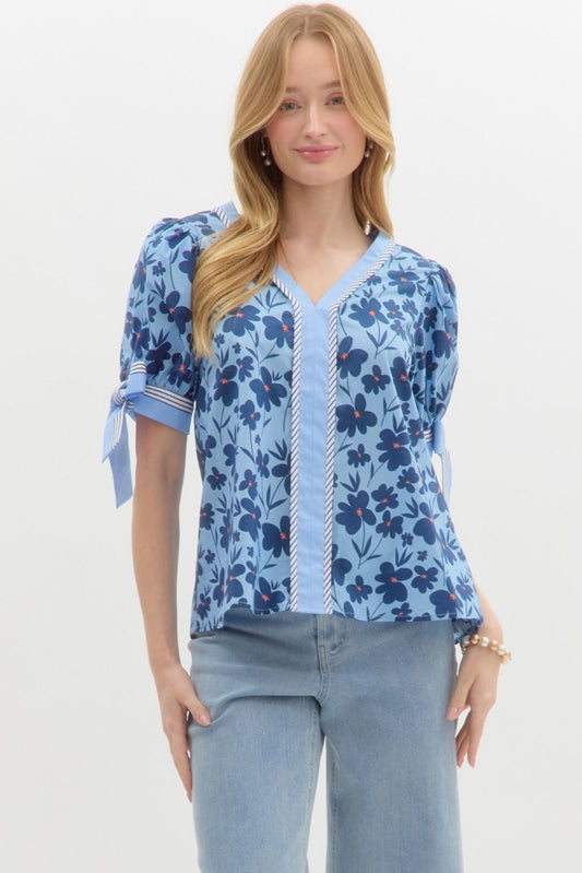 Floral Print Bow Tie Short Sleeve V-Neck Top