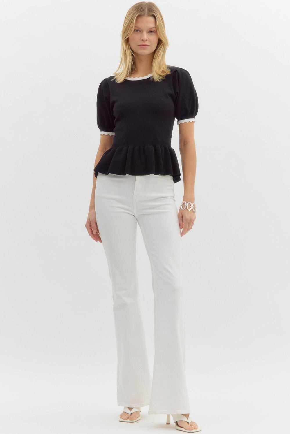 Solid Sweater Knit Short Puff Sleeve Top