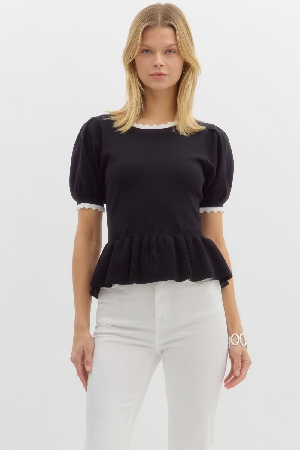 Solid Sweater Knit Short Puff Sleeve Top