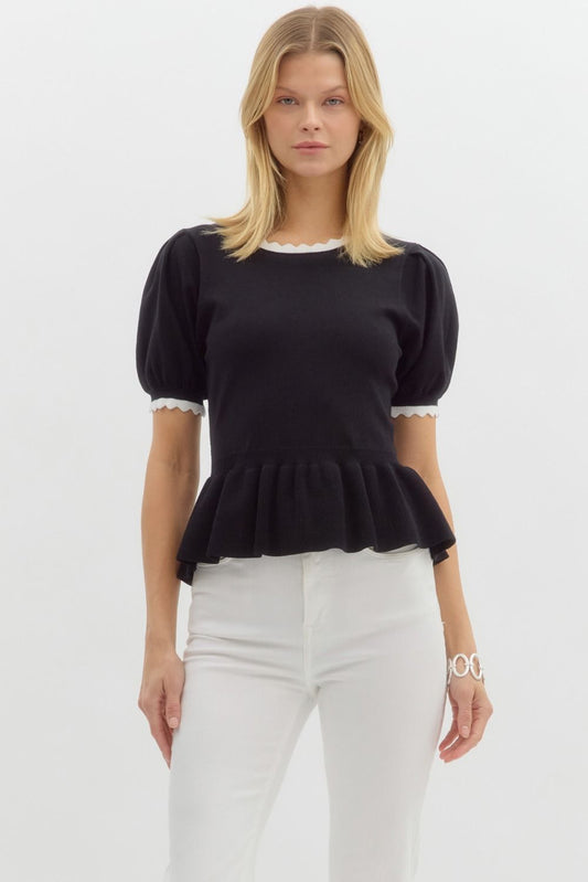 Solid Sweater Knit Short Puff Sleeve Top
