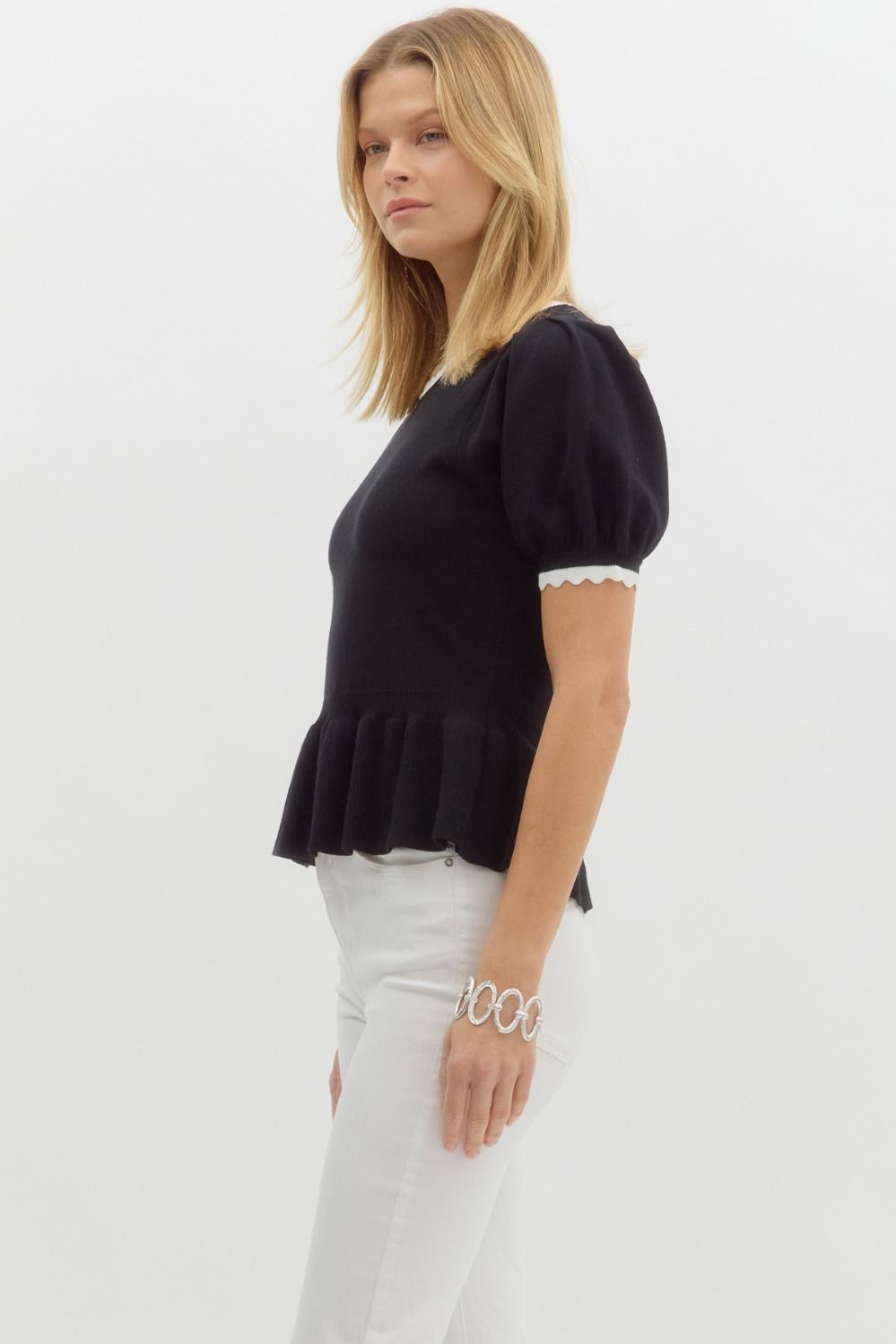 Solid Sweater Knit Short Puff Sleeve Top